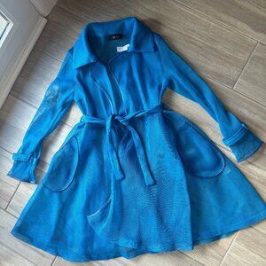 NWT Unique Sheer Blue Mesh Trench Coat Duster Festival Cover Up Size Small